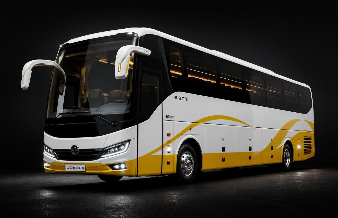 45 seater luxury tourist bus in white and yellow livery